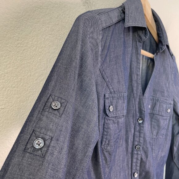 Express Womens Small Blue Chambray Button Up Shirt Roll Tab Sleeve Top - Picture 4 of 10